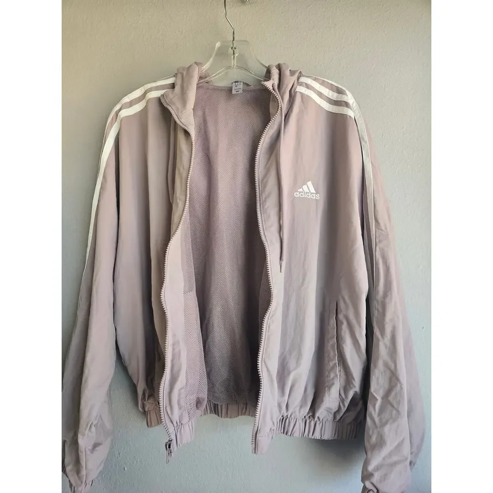 Adidas 3-Stripe Mauve Purple Hooded Windbreaker Jacket Women’s Medium‎